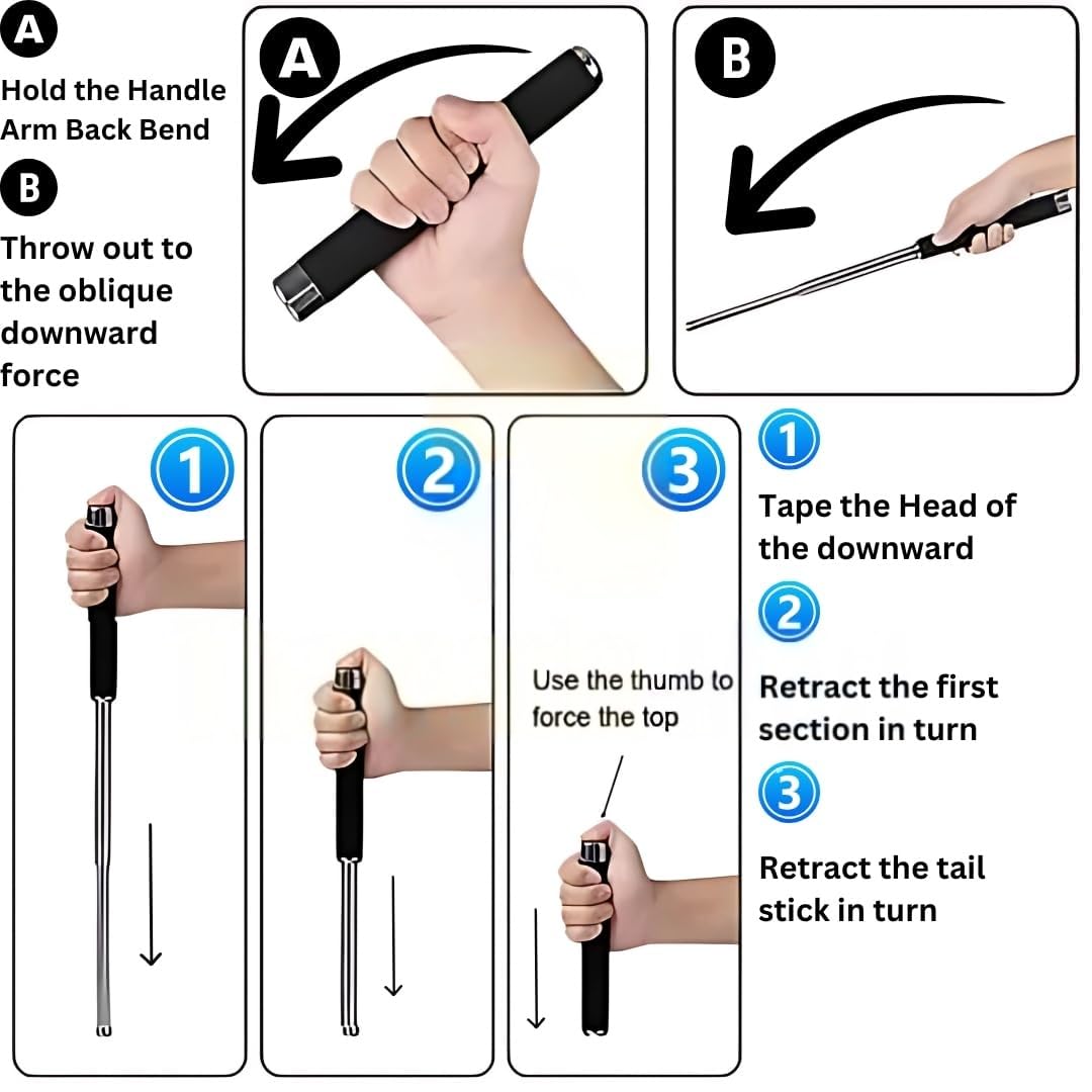 Stainless Steel Self-Defense Foldable Pointer & Safety Hiking Stick | Compact, Extendable Wand with Comfortable Grip & Nylon Bag | Ideal for Car, Office, Indoor & Outdoor Use GenzVybs
